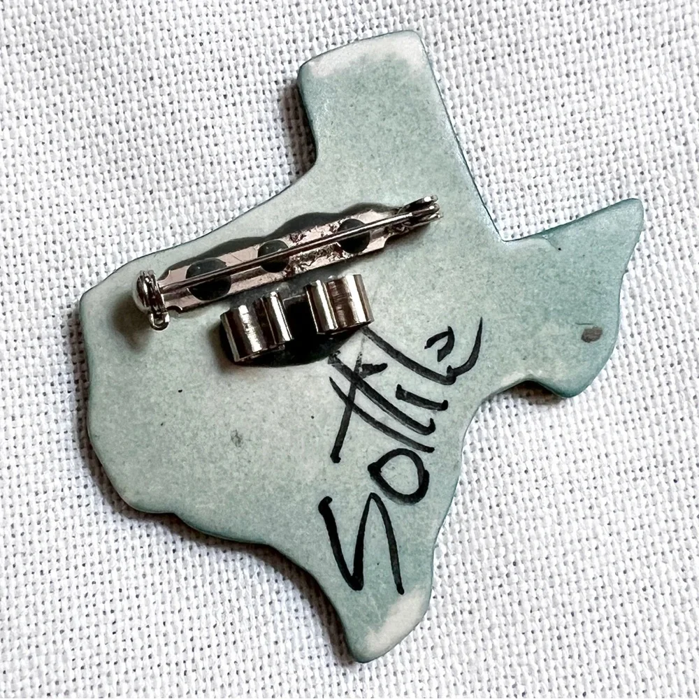 Vintage TEXAS Porcelain Handmade Western Cowboy Bolo Tie Slide or Brooch Pin